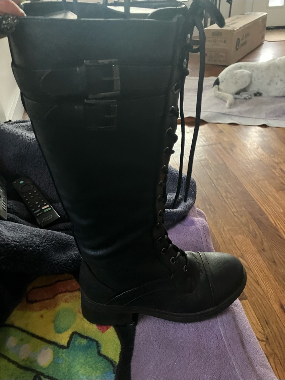 Women's Black Lace-Up Knee-High Boots with Buckle Accent